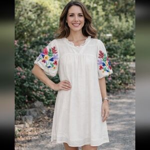 White Dress with Colorful Floral Embroidery